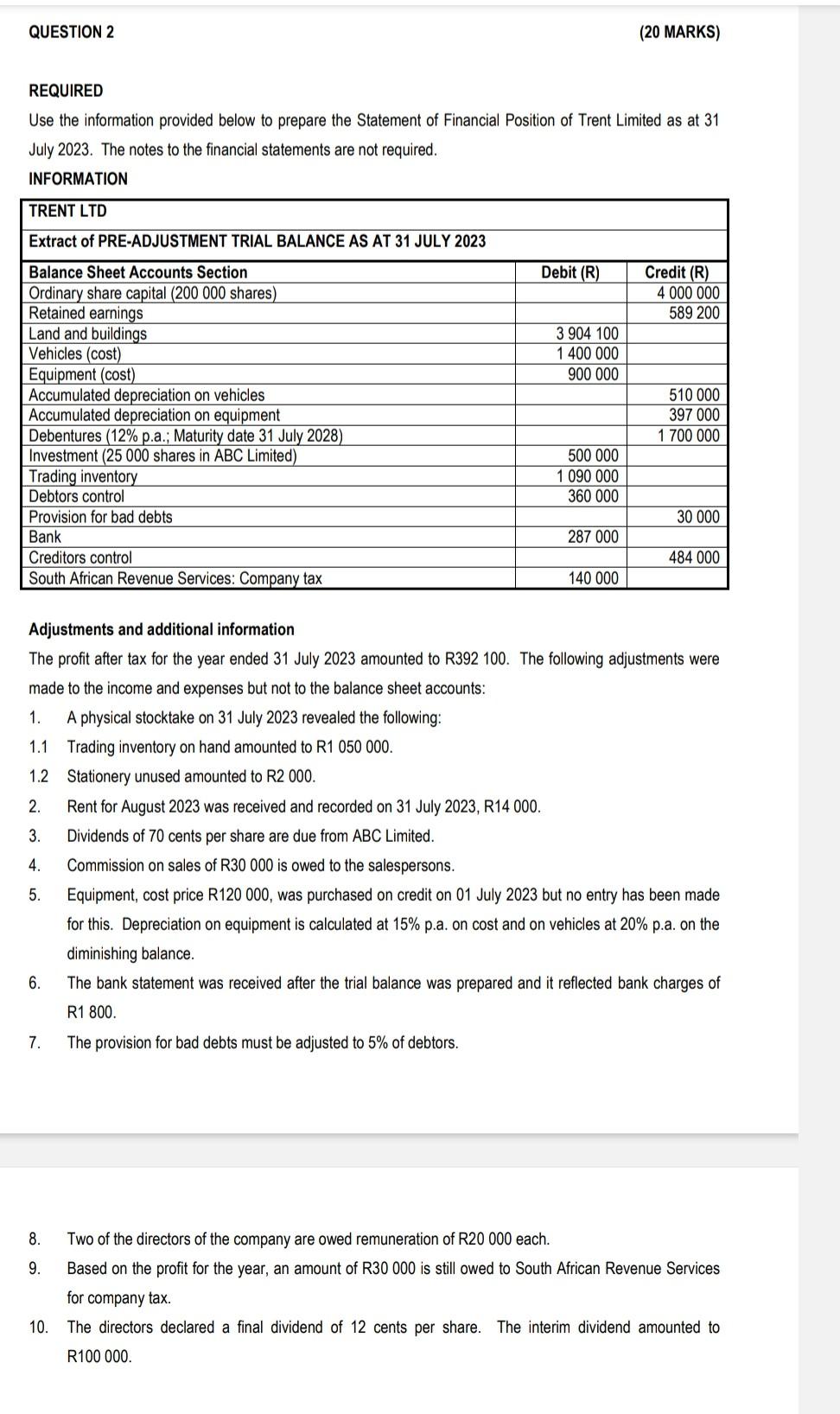 QUESTION 2 REQUIRED Use the information provided below to prepare the