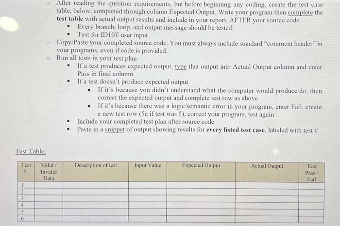 DIFFERENT INPUT! Test plan for this question is only done once, for