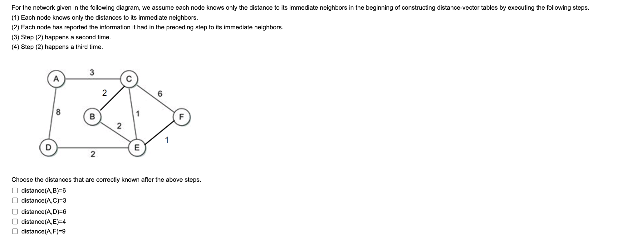  (1) Each node knows only the distances to its immediate neighbors.