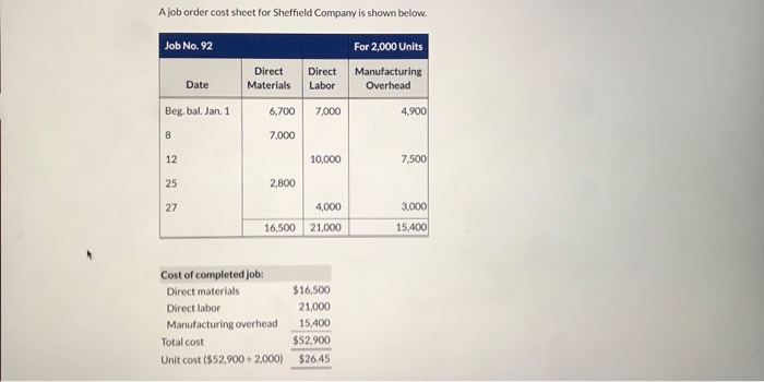  question 1: question 2: A job order cost sheet for Sheffield