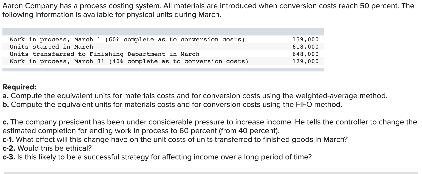  ----- B ------ Aaron Company has a process costing system. All