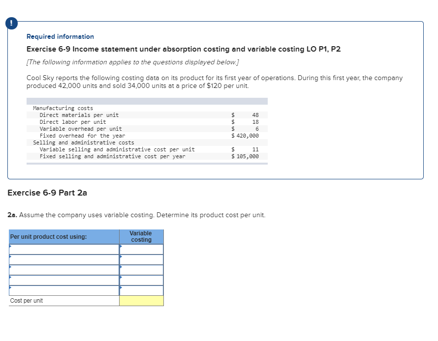 below. Cool Sky reports the following costing data on its product for
