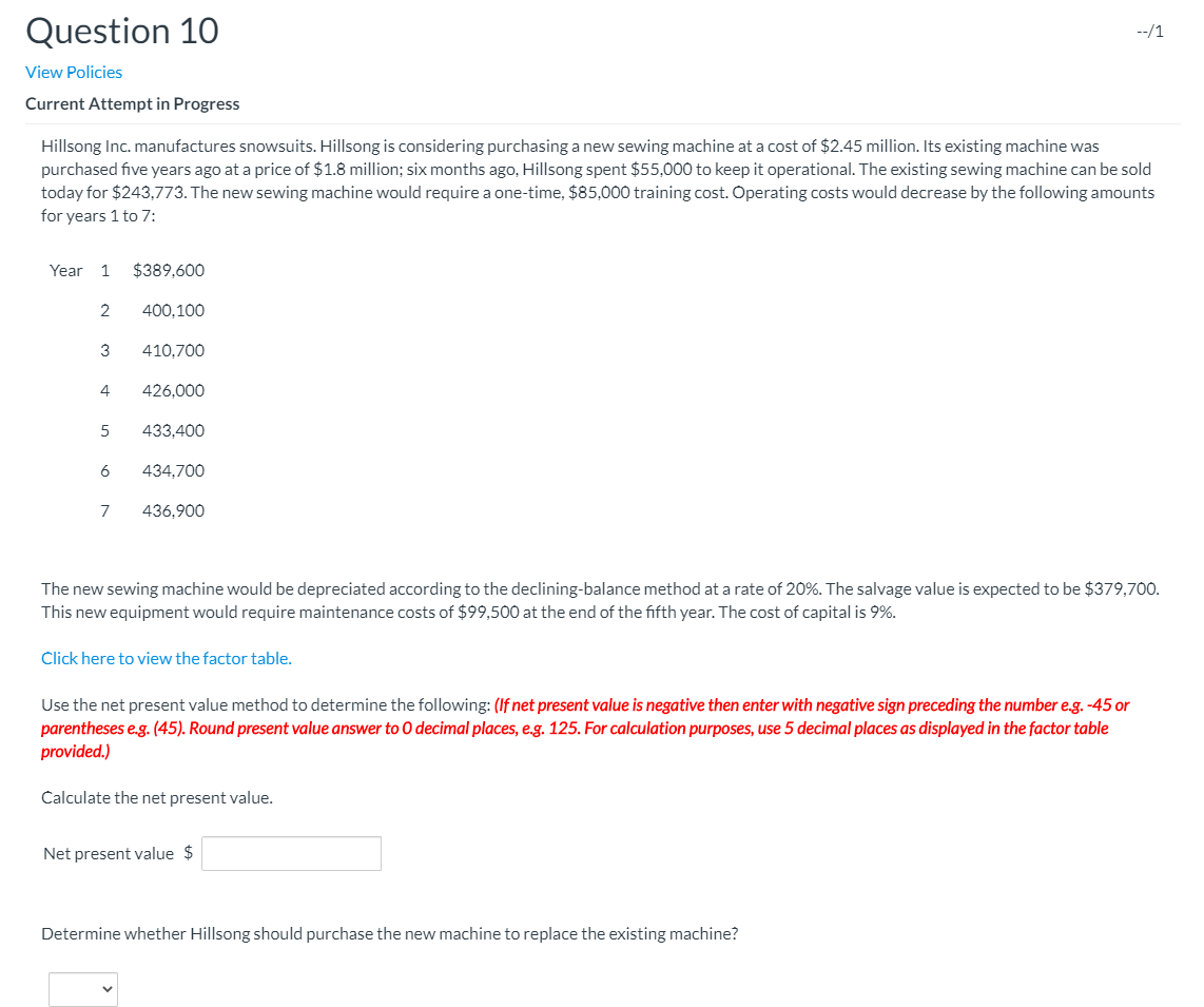 Question 10 --/1 View Policies Current Attempt in Progress Hillsong Inc.