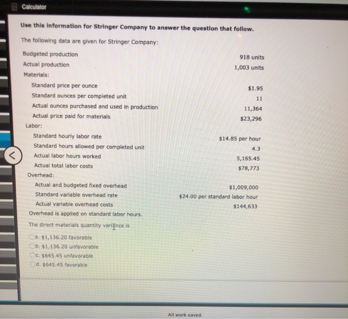  Use this information for Stringer Company to answer the question that