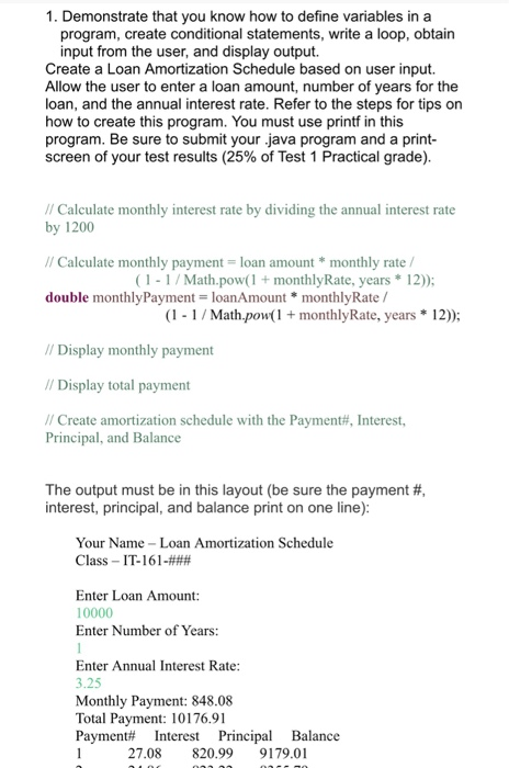  Java 1. Demonstrate that you know how to define variables in