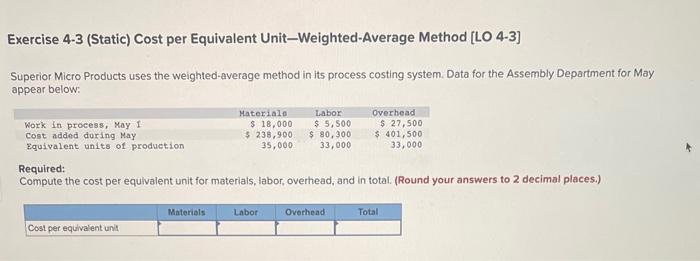  Exercise 4-3 (Static) Cost per Equivalent Unit-Weighted-Average Method [LO 4-3] Superior
