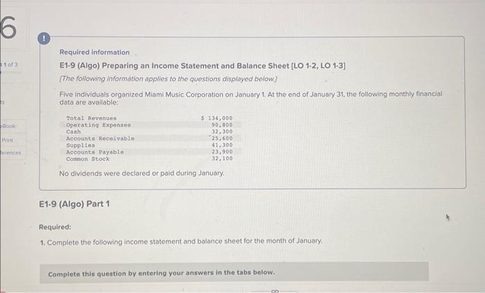  Required information E1-9 (Algo) Preparing an Income Statement and Balance Sheet