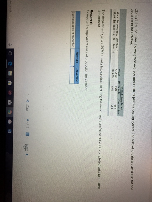  Clonex Labs, Inc, uses the weighted-average method department for October in
