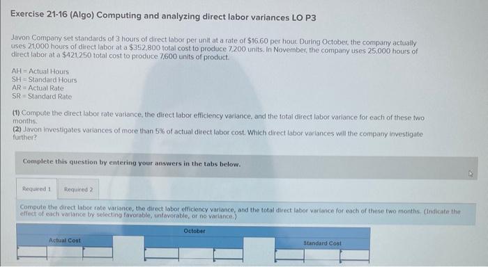  Exercise 21-16 (Algo) Computing and analyzing direct labor variances LO P3