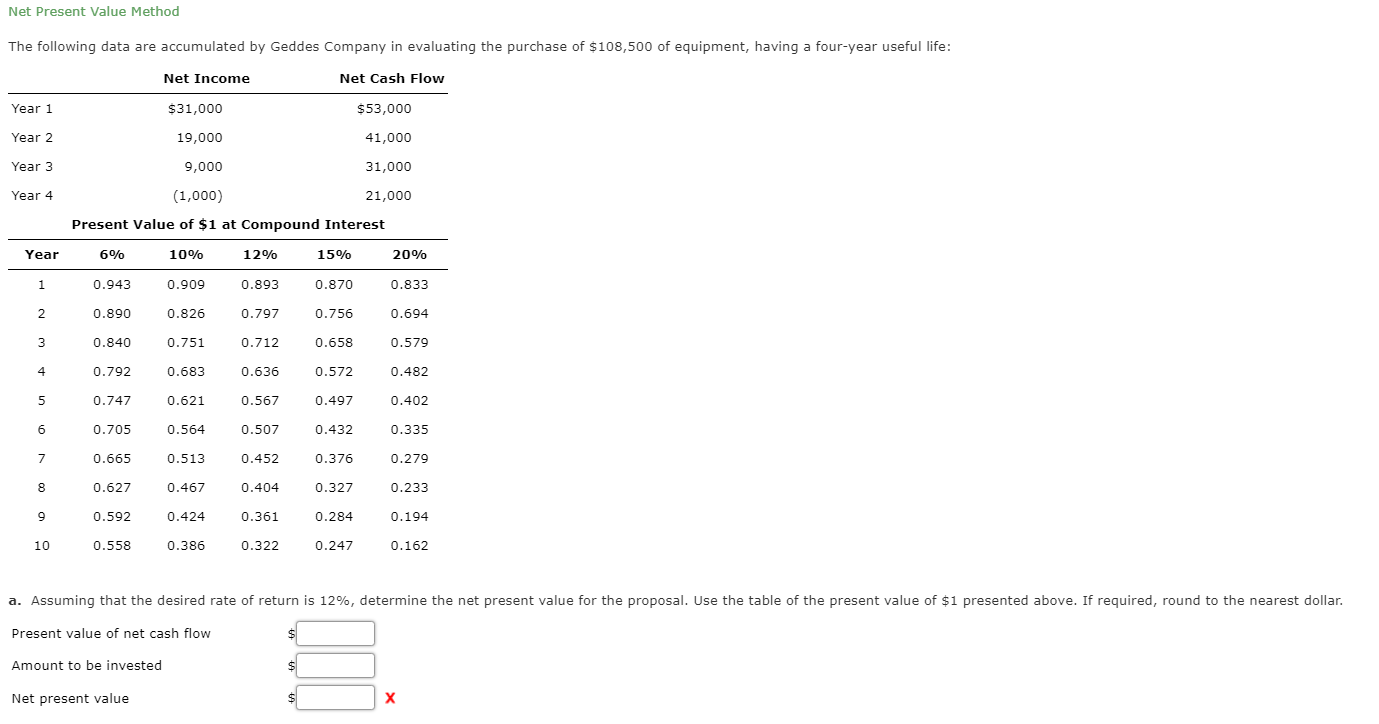  Net Present Value Method The following data are accumulated by Geddes
