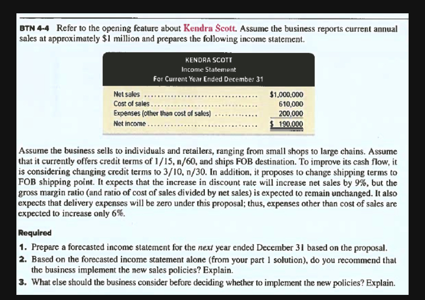  BTN 4-4 Refer to the opening feature about Kendra Scott. Assume