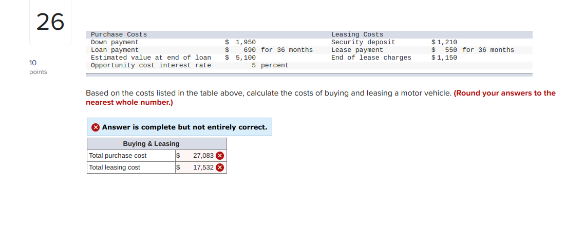  26 Purchase Costs Down payment Loan payment Estimated value at end