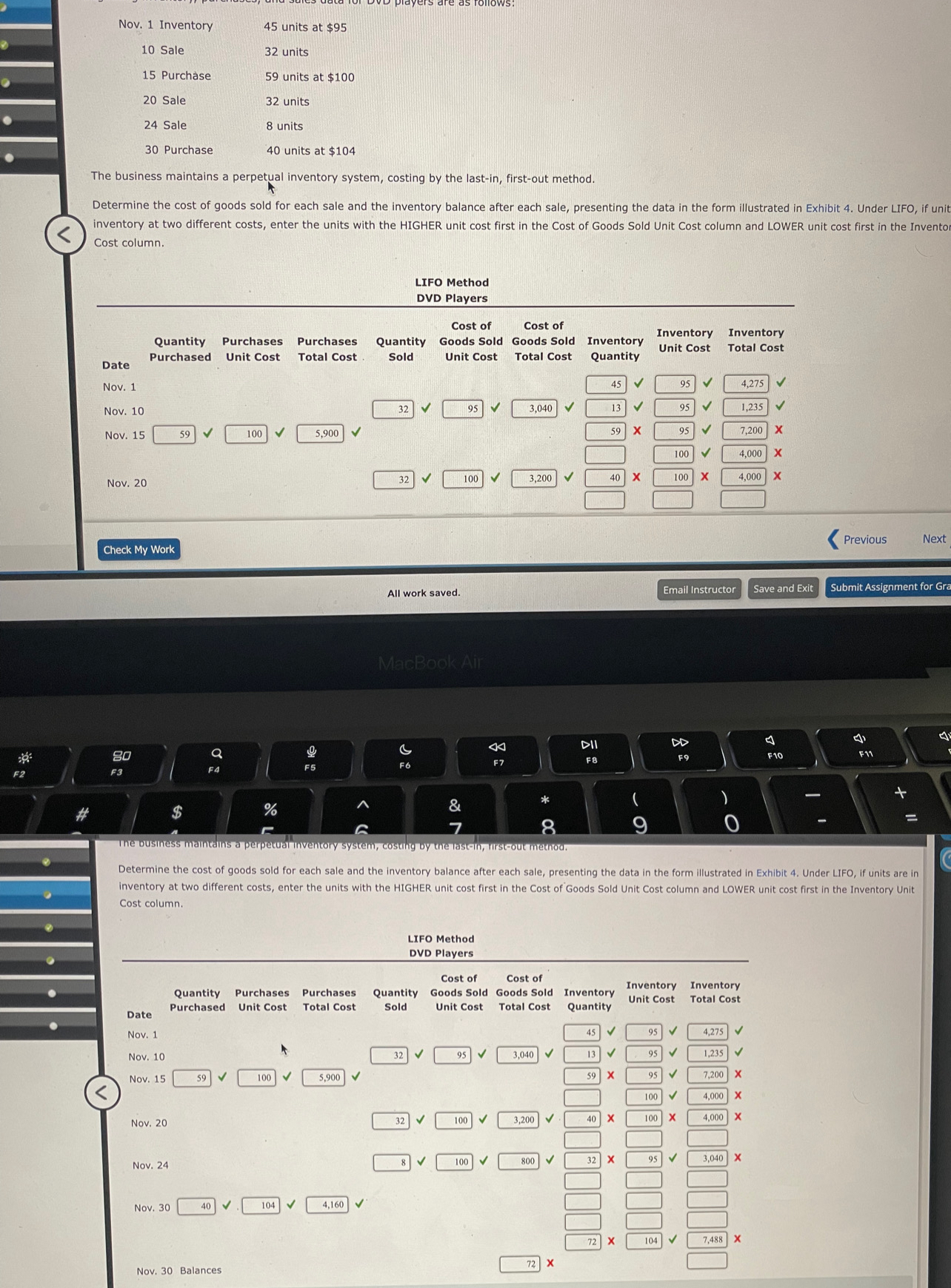  \table[[Nov.1 Inventory,45 units at $95 