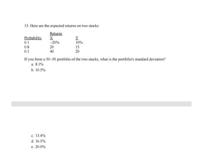 13. Here are the expected returns on two stocks: Returns Probability