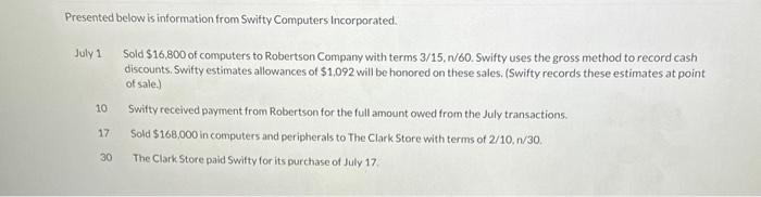please solve Presented below is information from Swifty Computers Incorporated. July 1