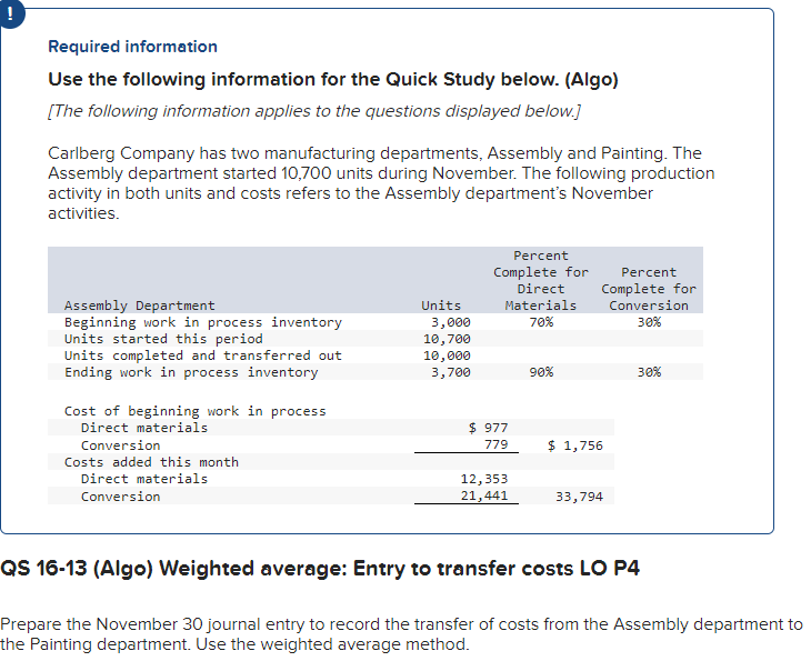  Required information Use the following information for the Quick Study below.