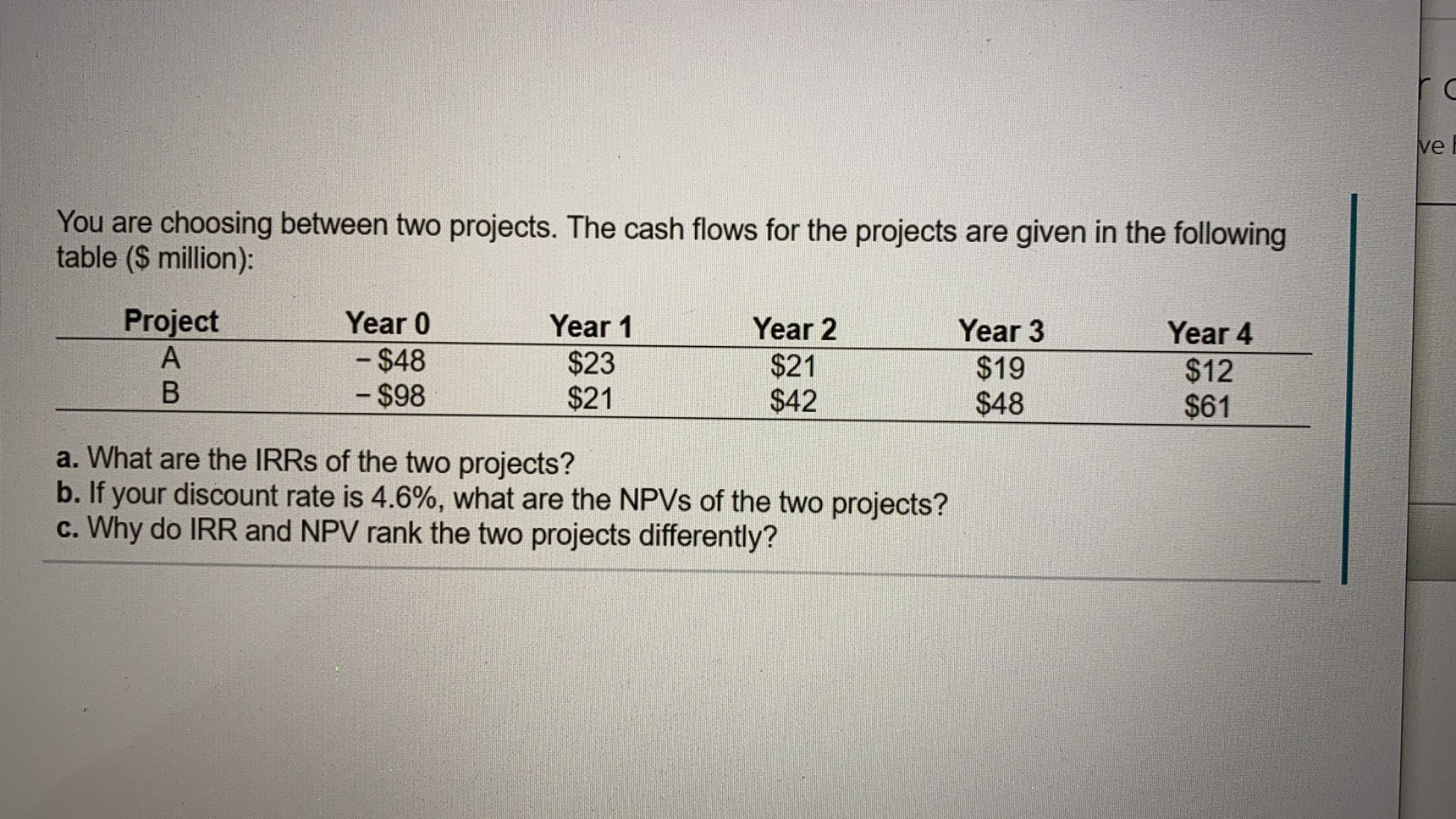  You are choosing between two projects. The cash flows for the