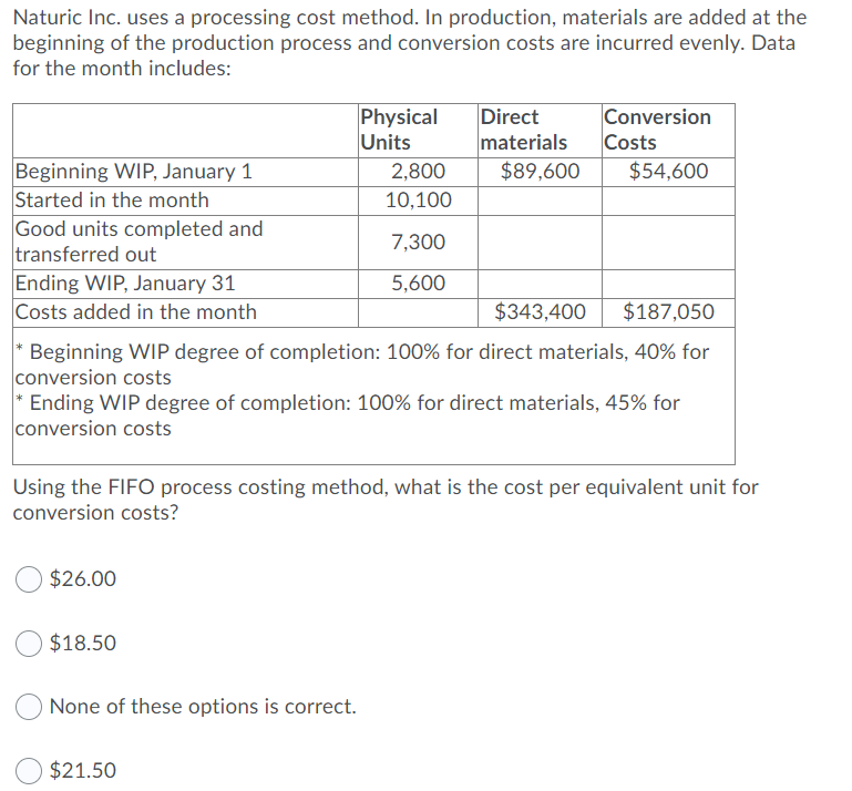 Naturic Inc. uses a processing cost method. In production, materials are