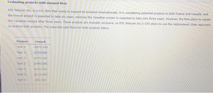  Evaluating projects with unequal lives RTE Telecom Inc, is a U.S.