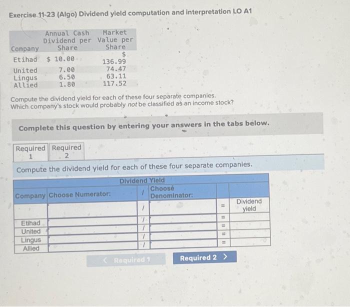  Exercise 11-23 (Algo) Dividend yield computation and interpretation LO A1 Compute