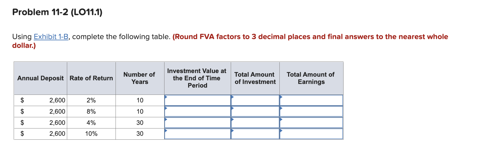  Problem 11-2 (LO11.1) Using Exhibit 1-B, complete the following table. (Round