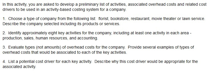 In this activity, you are asked to develop a preliminary list