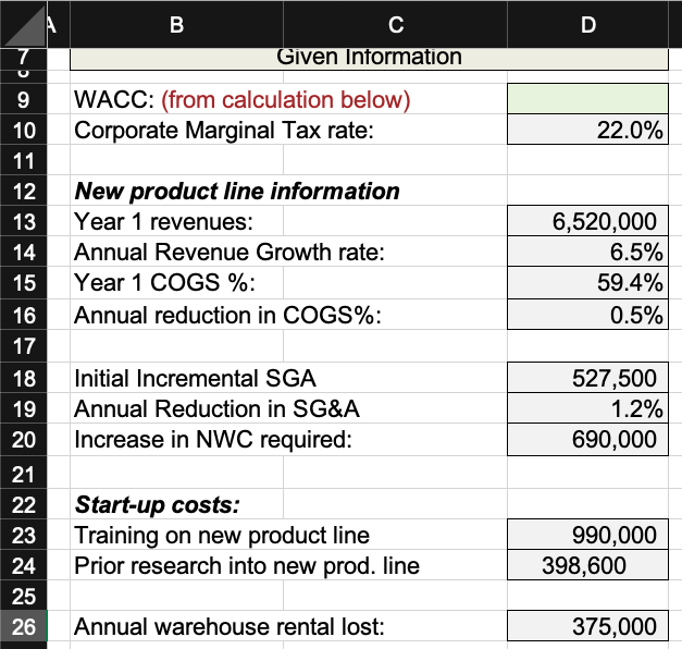  Please show work/ equations! 9 10 Given Information WACC: (from calculation