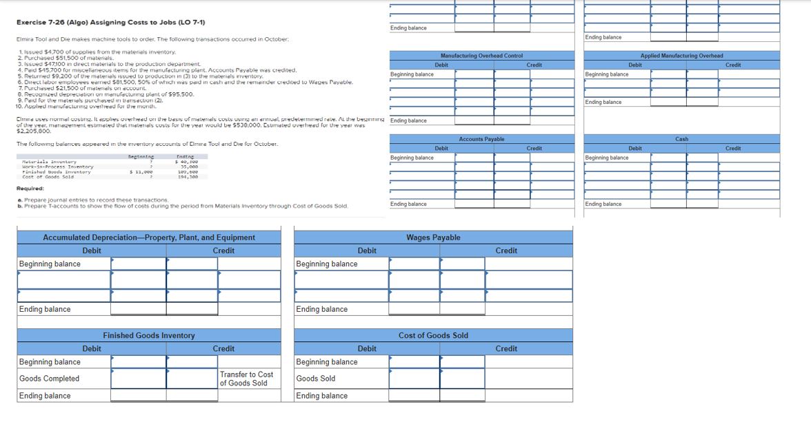  Exercise 7.26(Algo) Assigning Costs to Jobs (LO 7-1) Elmira Tool and