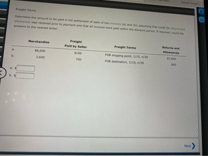  Solved: Freight Freight Terms Determine the amount to be paid in