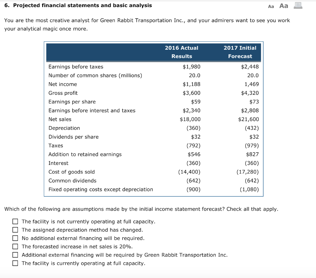  6. Projected financial statements and basic analysis Aa Aa E You