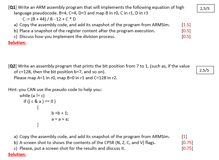 Q1] Write an ARM assembly program that will implements the following