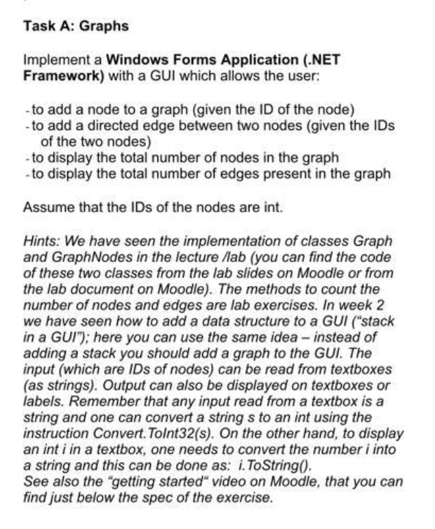  Task A: Graphs Implement a Windows Forms Application (.NET Framework) with