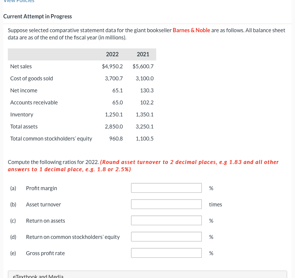  Current Attempt in Progress Suppose selected comparative statement data for the