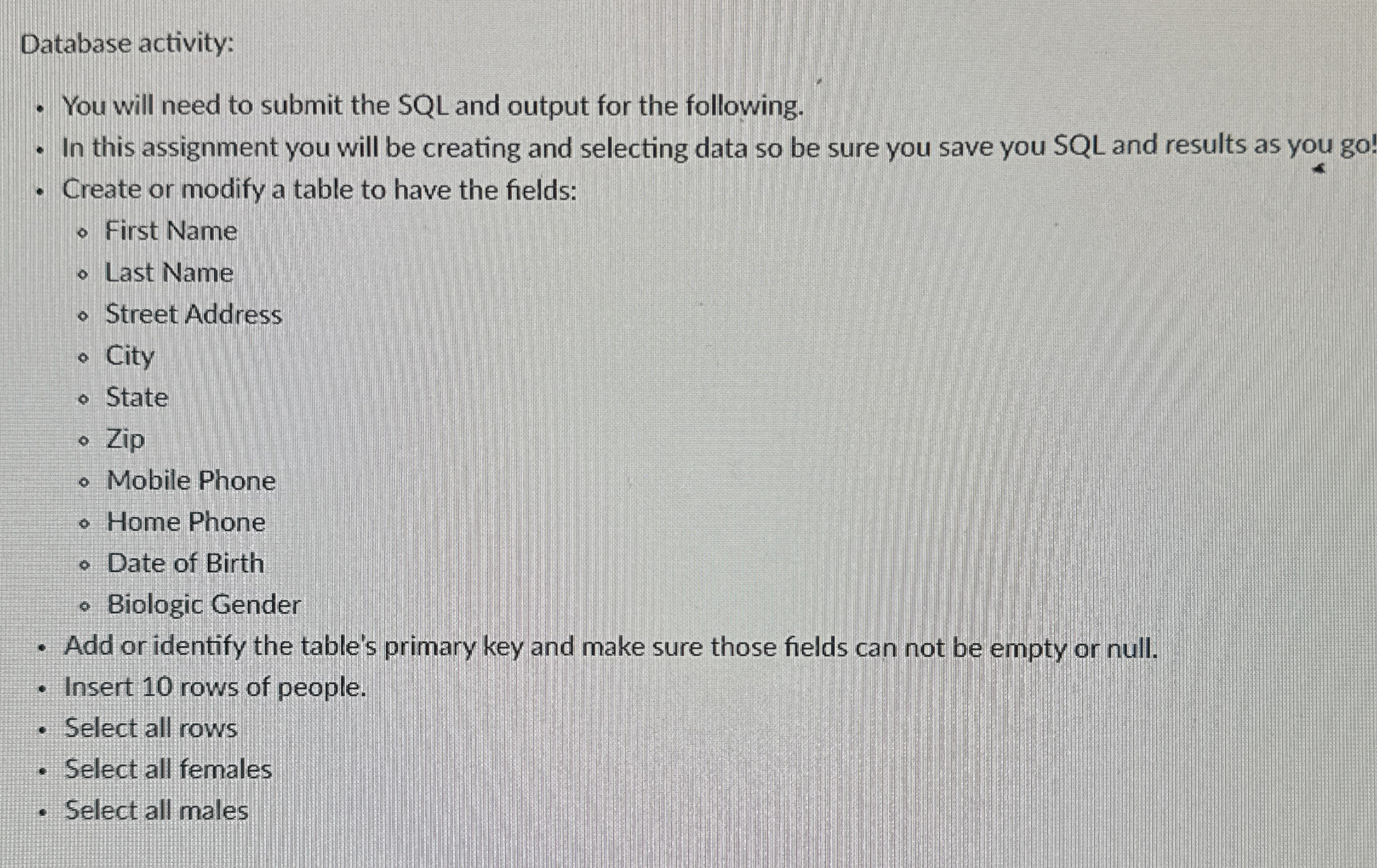  Database activity: You will need to submit the SQL and output