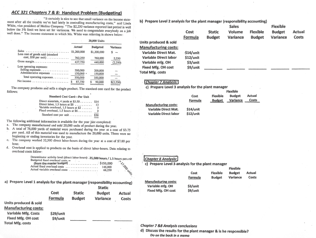 ACC 321 Chapters 7 & 8: Handout Problem (Budgeting) "Il certainly