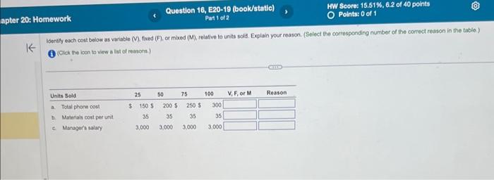  16. Identif each oost below as variable (V), foed (F), of