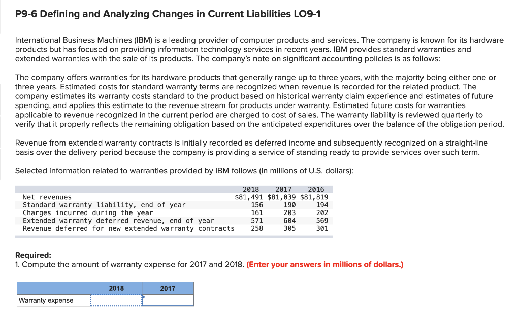  P9-6 Defining and Analyzing Changes in Current Liabilities LO9-1 International Business