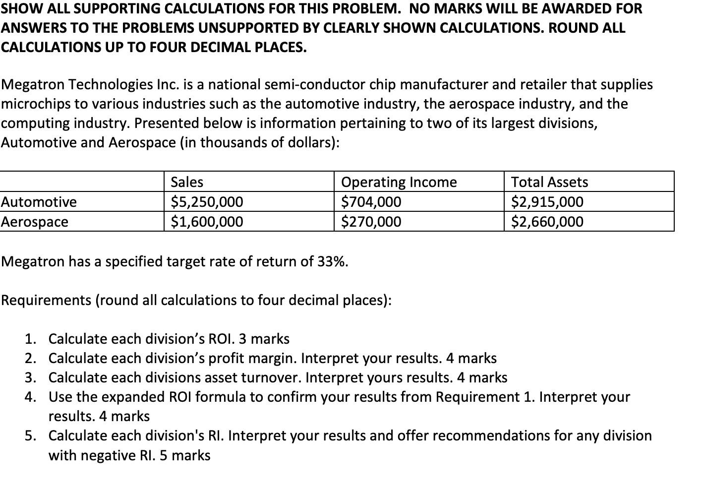 SHOW ALL SUPPORTING CALCULATIONS FOR THIS PROBLEM. NO MARKS WILL BE