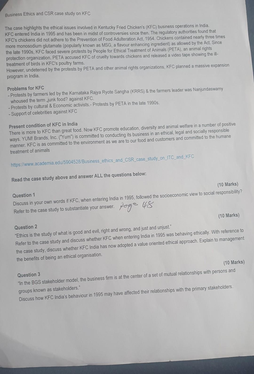  Business Ethics and CSR case study on KFC The case highlights