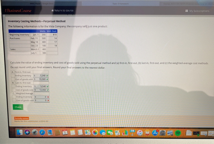  E Business Course Return to course My Subscriptions Inventory Costing Methods-Perpetual