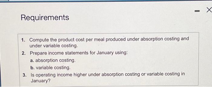 meal produced under absorption costing and under variable costing. 2. Prepare income