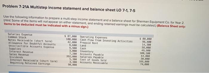  Problem 7-21A Multistep income statement and balance sheet LO 7-1, 7-5