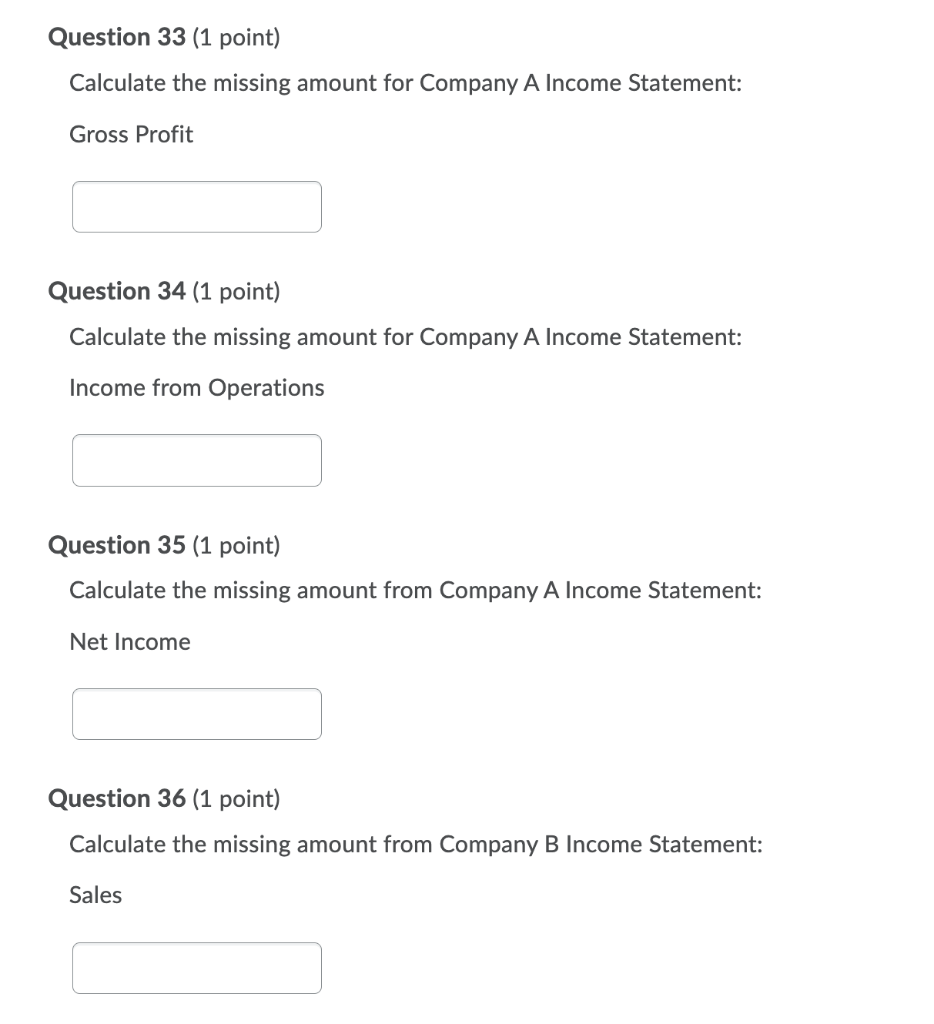 income statements with missing amounts indicated by the gray blank spaces. Company