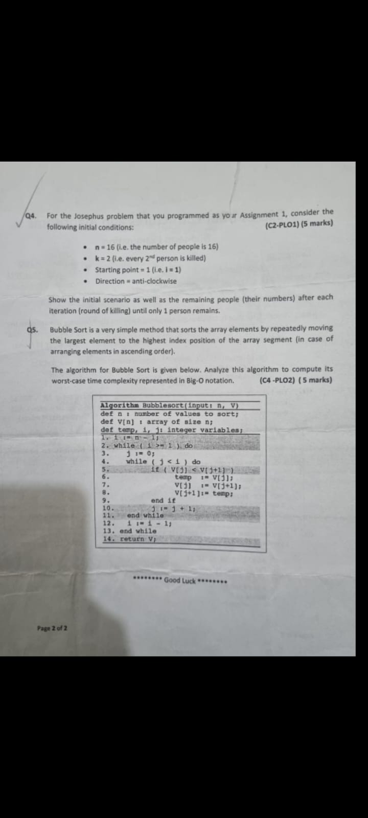  Q4. For the Josephus problem that you programmed as your Assignment