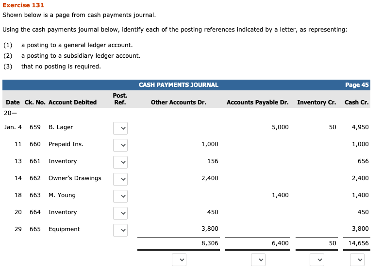 Exercise 131 Shown below is a page from cash payments journal.