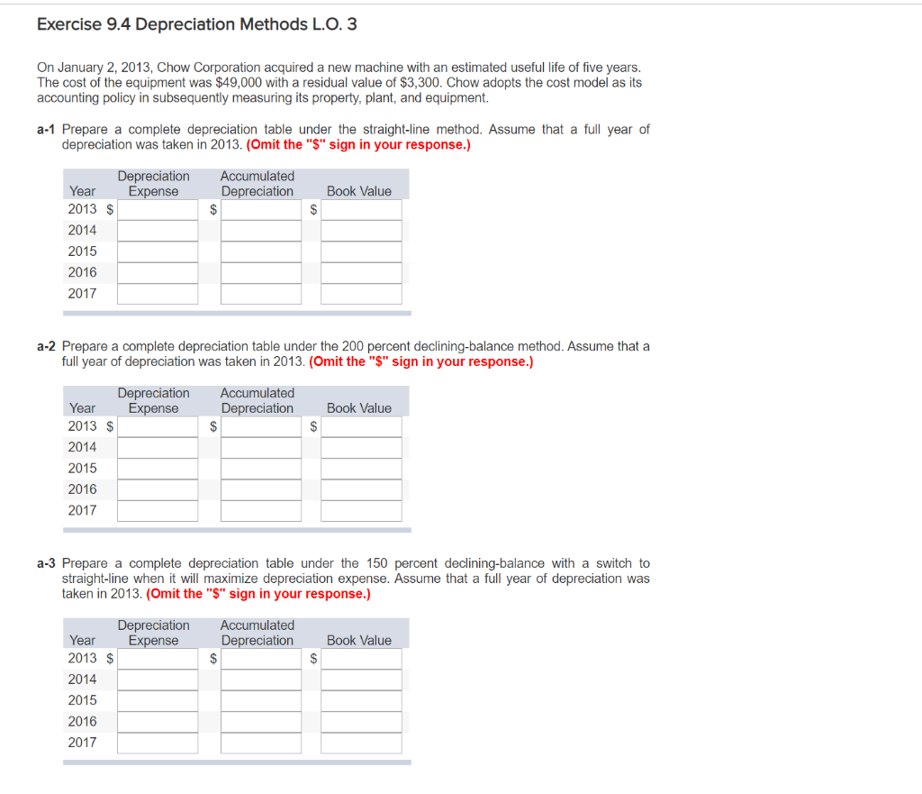  Exercise 9.4 Depreciation Methods L.O. 3 On January 2, 2013, Chow