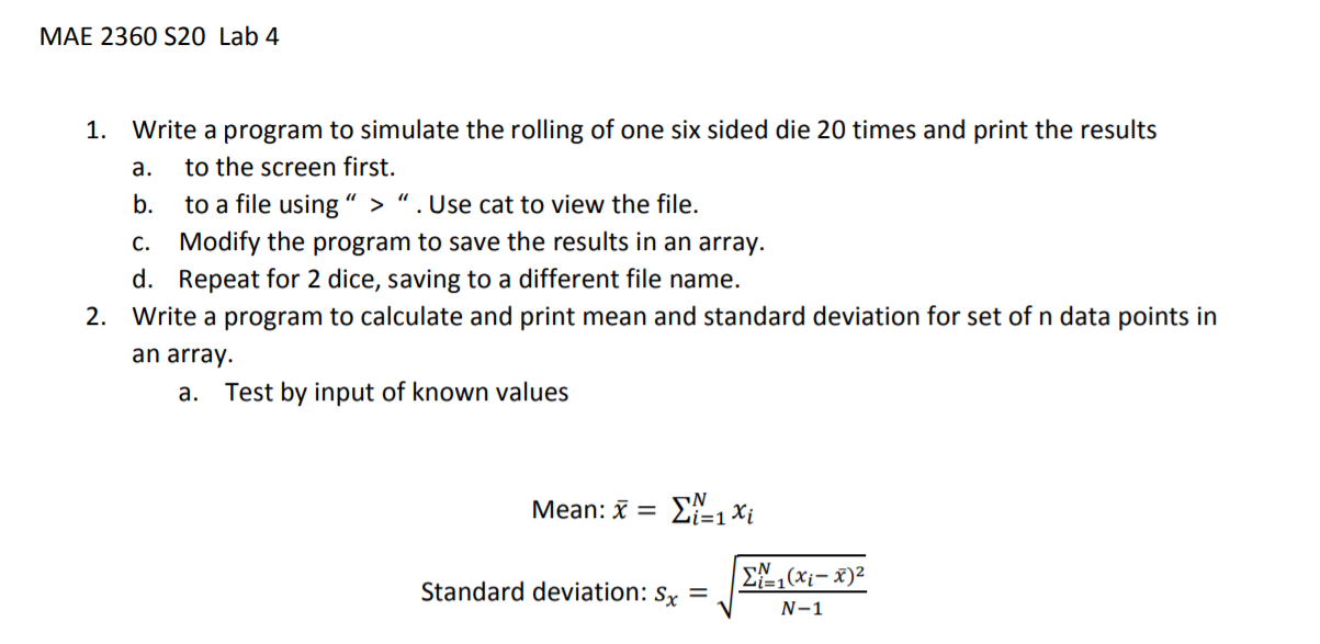  Please do it in C language. MAE 2360 S20 Lab 4
