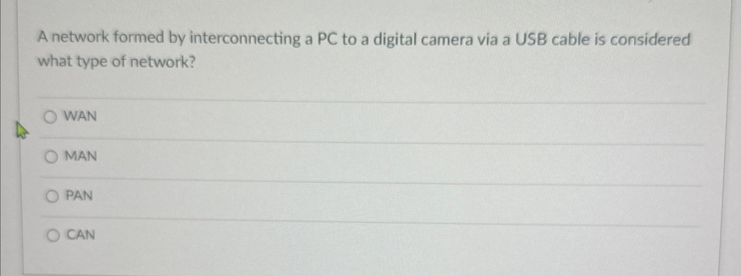  A network formed by interconnecting a PC to a digital camera