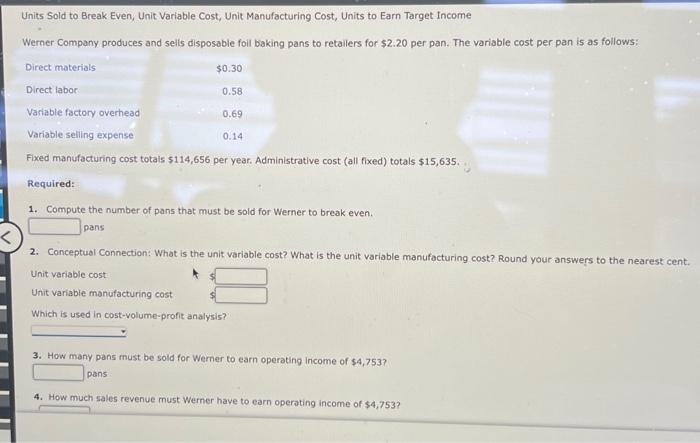  Units Sold to Break Even, Unit Variable Cost, Unit Manufacturing Cost,