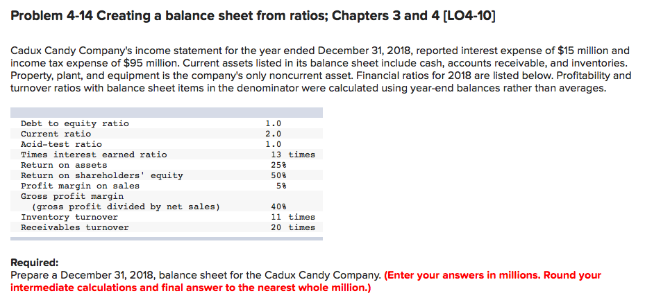 Problem 4-14 Creating a balance sheet from ratios; Chapters 3 and